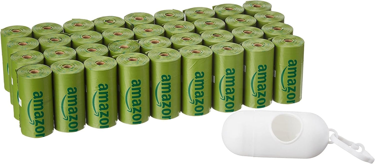 Amazon Basics Dog Poop Bags with Dispenser, 540 Count, Enhanced for Guaranteed Leakproof, Cucumber Scented, Includes Leash Clip