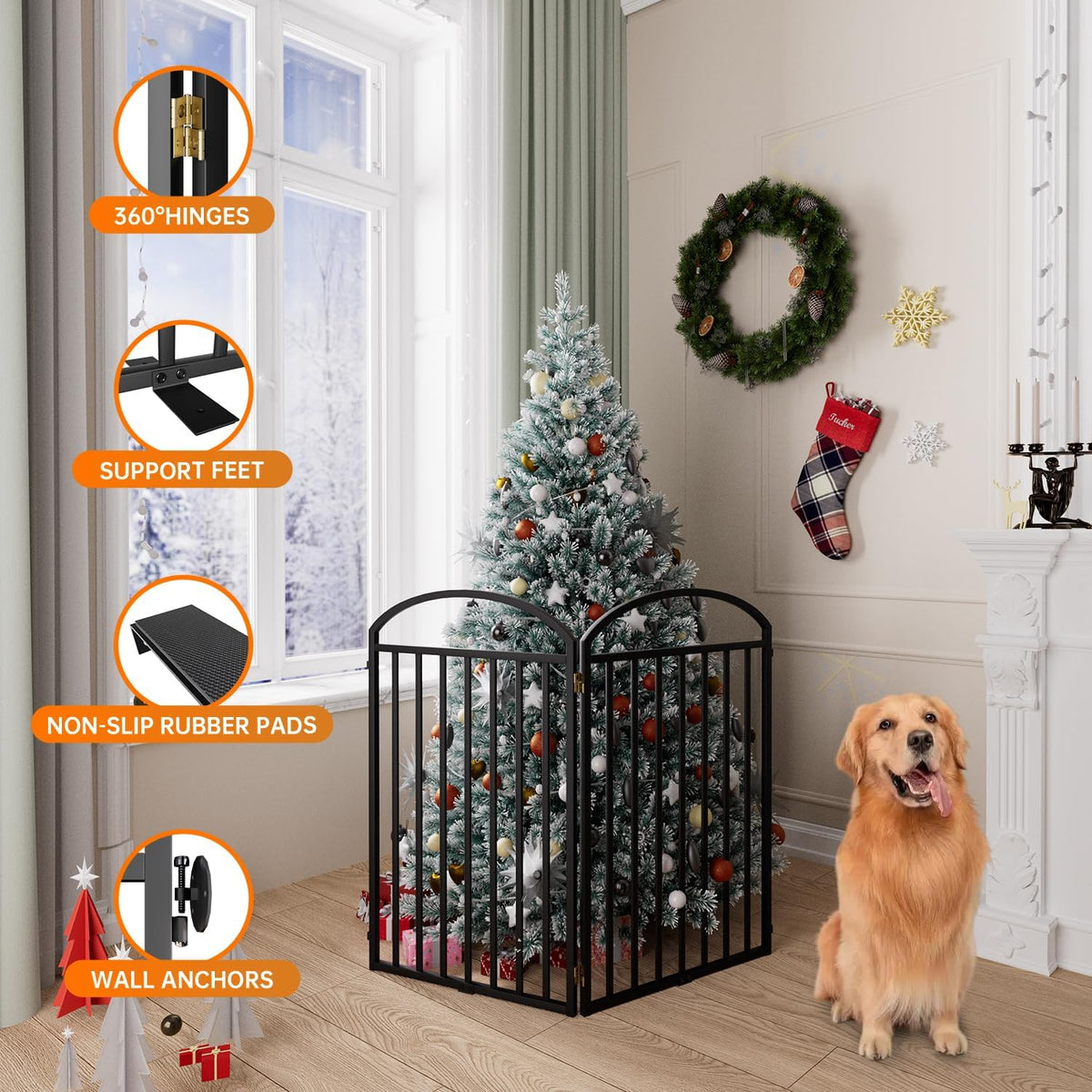 2 Panles Full Matel Freestanding Dog Gates with Door, 48"Extra Wide 36"Tall Free Standing Dog Pet Gate for Indoor & Outdoor. Foldable Pet Fences for Doorways, House, Stairs, Porch, Deck, Yard
