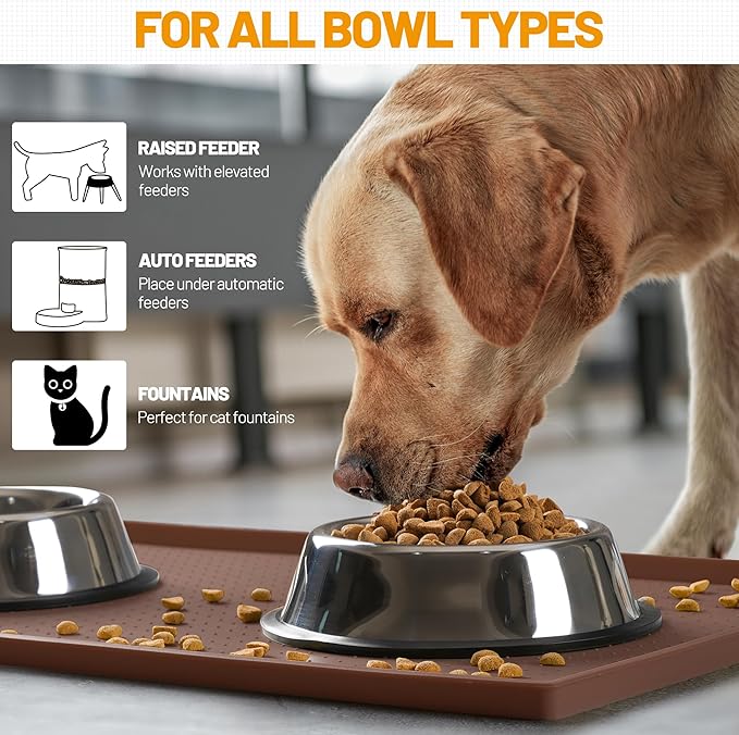 Hubulk Dog Feeding Mat,100% Waterproof Food Grade Silicone Pet Food and Water Bowl Placemat,Dishwasher, High Raised Edge to Prevent Spills,Nonslip Tray to Stop Messes on Floor（19"x12"x0.5", Brown）
