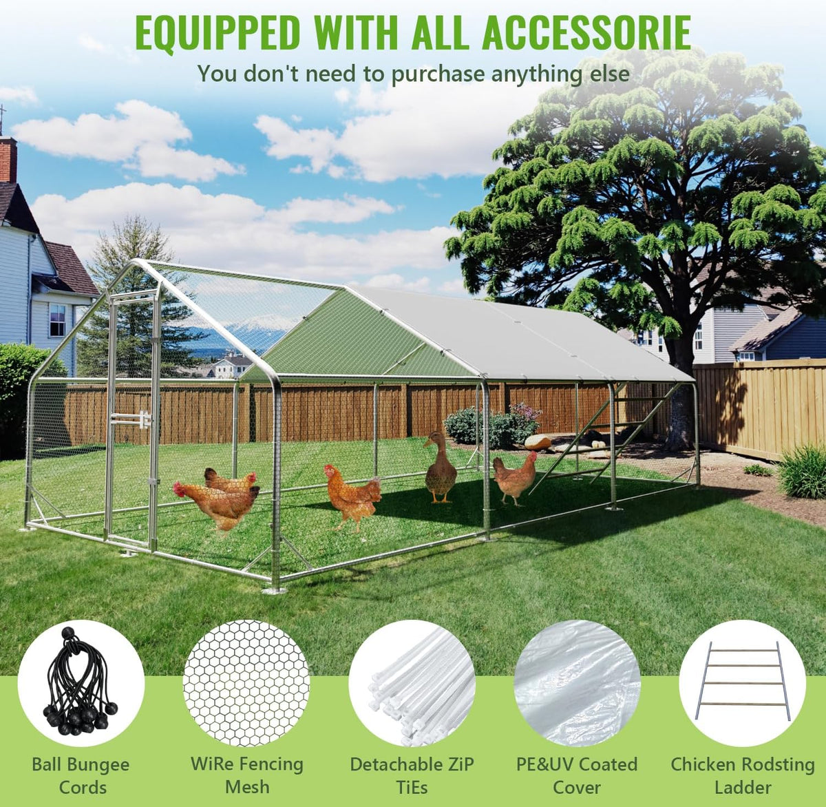 Large Metal Chicken Coop, 10x20x6.5FT Chicken Runs for Yard with Cover