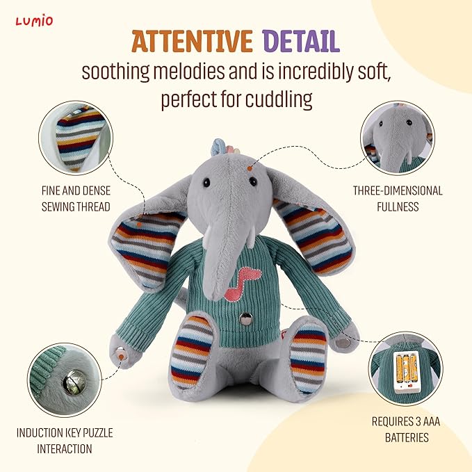 Lumio Musical Stuffed Animal Plush Toy with Lights & Sounds - Cute Interactive Toy for Newborns, and 3 6 12 to 48 Months (Elephant)