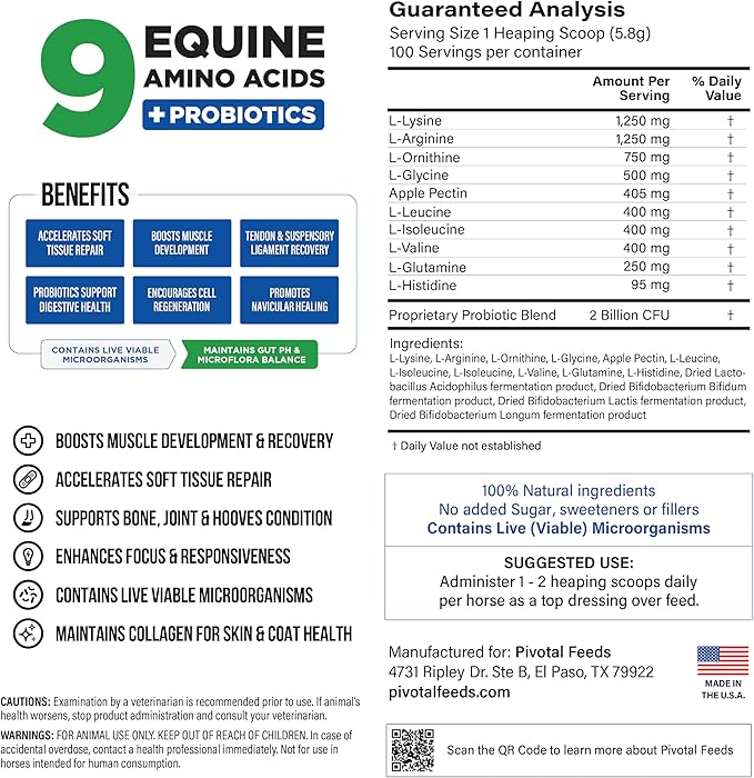 Equine Total Recovery Horse Supplement - 9 Equine Amino Acids Plus Probiotics for Horses -100% Natural- No Added Sugar, No Soy, No Fillers - Horse Joint Support Supplement (100 Servings)