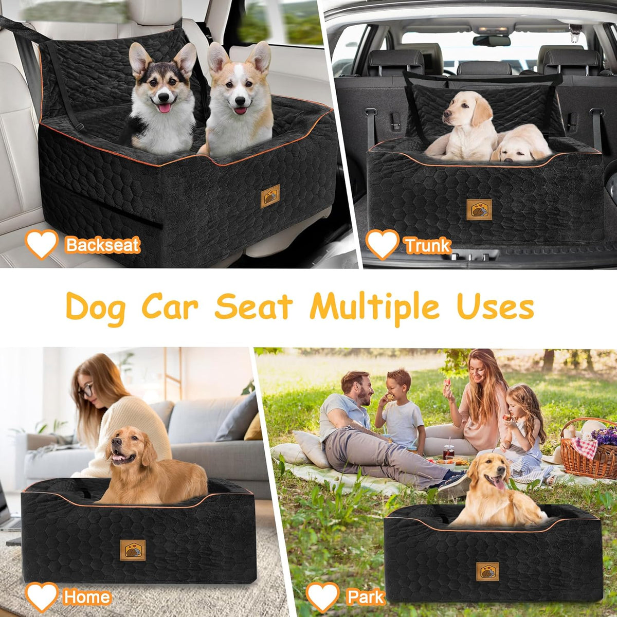 Dog Car Seat for Medium/Large Dogs, Washable Dog Booster Seat Under 60 lbs or 2 Small Dogs, Multi-Functional Pet Car Seat with Thick Cushion, 2 Safety Leashes (Black)