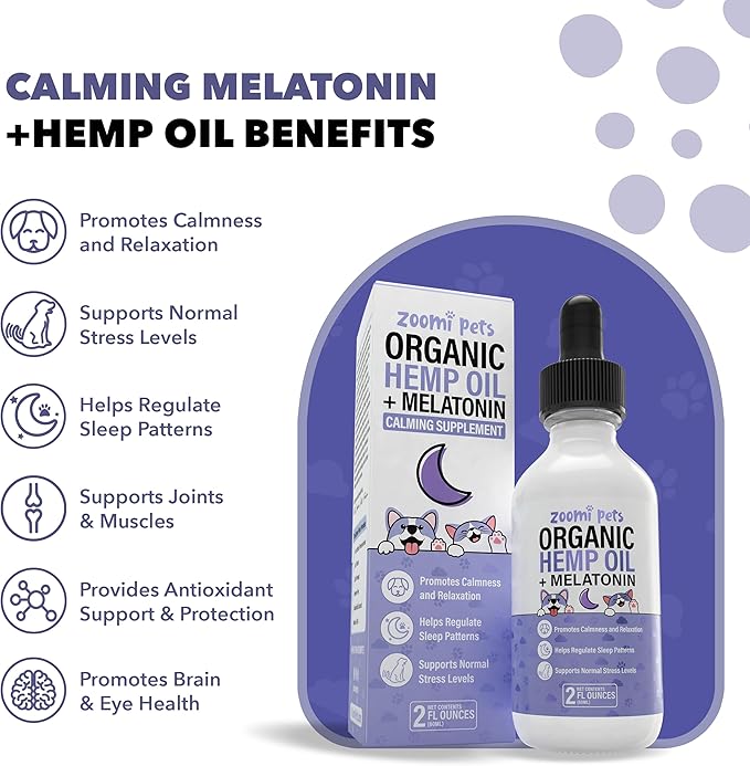 Melatonin + Organic Calming Hemp Oil for Dogs Anxiety and Stress Relief - Calming Drops Pet Hemp Oil for Dogs & Cats - Hip and Joint Support Supplement for Dogs Pain Management (2oz)