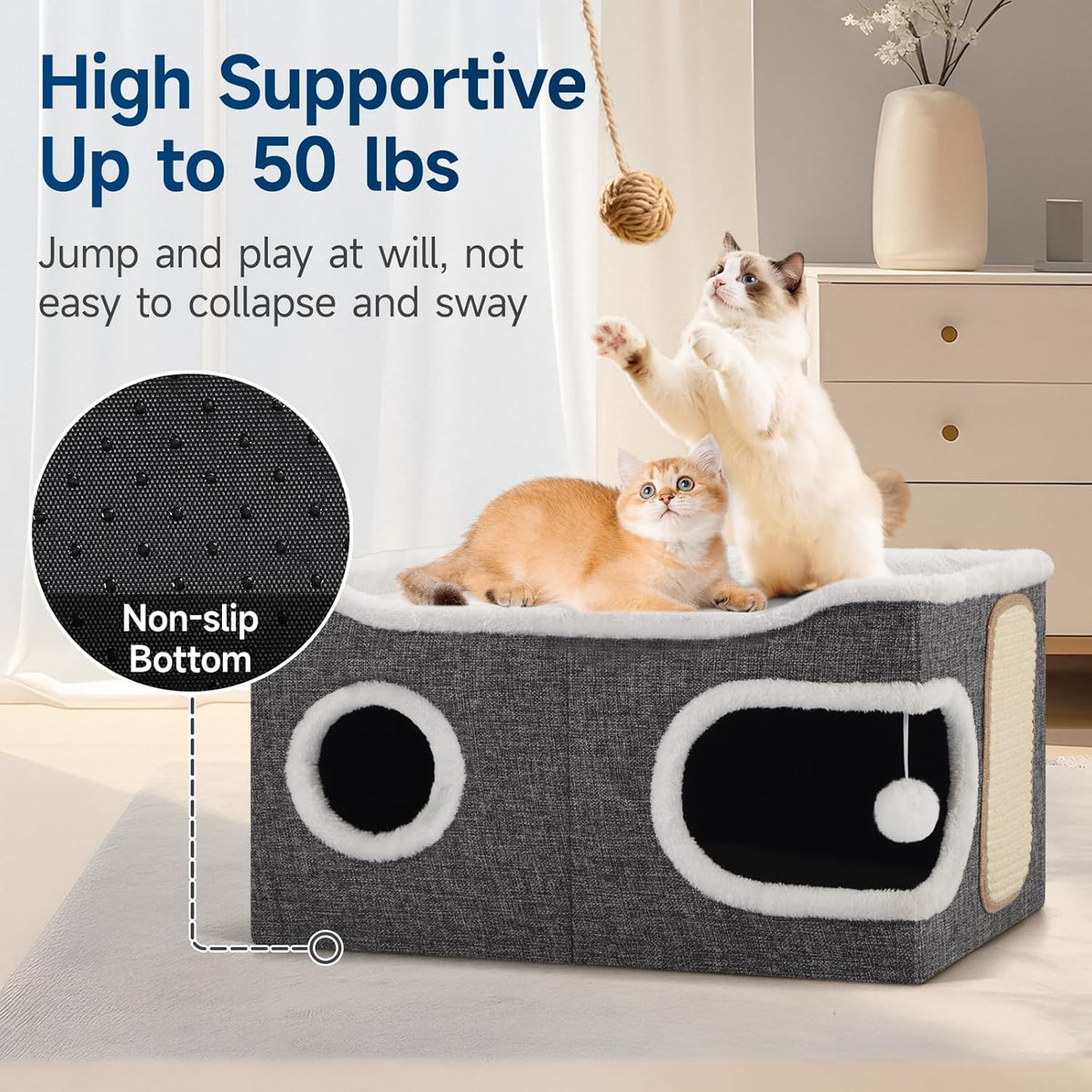 Cat Beds for Indoor Cats, Extra Wide Cat Cube House for Multi Cats, Foldable Cat Cave Hideaway with Arc-Edge Design & Oval Door, Double-Side Soft Cushion for All Seasons, 24"L x 17.7"D x 12.6"H, Grey