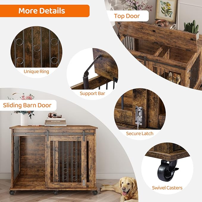 IchbinGo Large Dog Crate Furniture with Sliding Barn Door, 43.7" Wooden Dog Kennel End Table with Wheels and Flip-top Plate Dog House with Detachable Divider for Small/Medium/Large Dog (Rustic Brown)