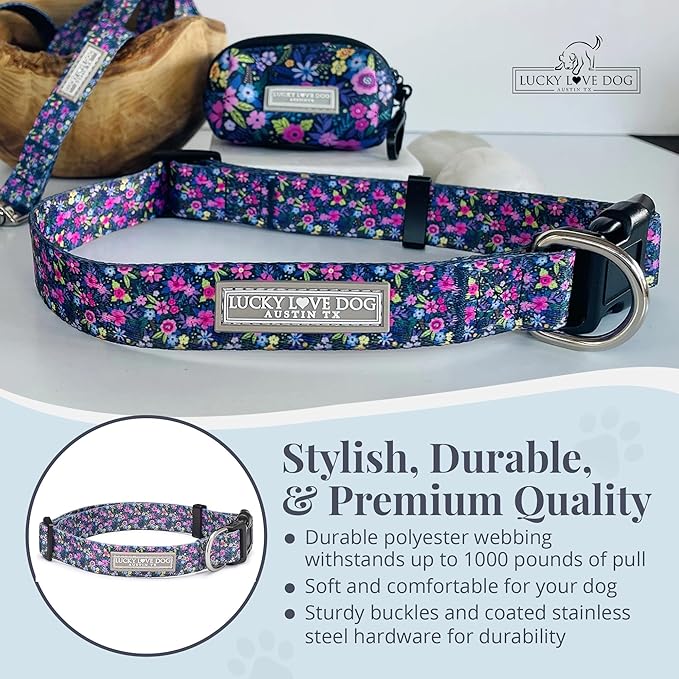 Lucky Love Dog, Comfortable, Soft, Cute Female Dog Collar for Medium Dogs, Black & Purple Floral Print, Adjustable Nylon Collar, Primrose, Medium