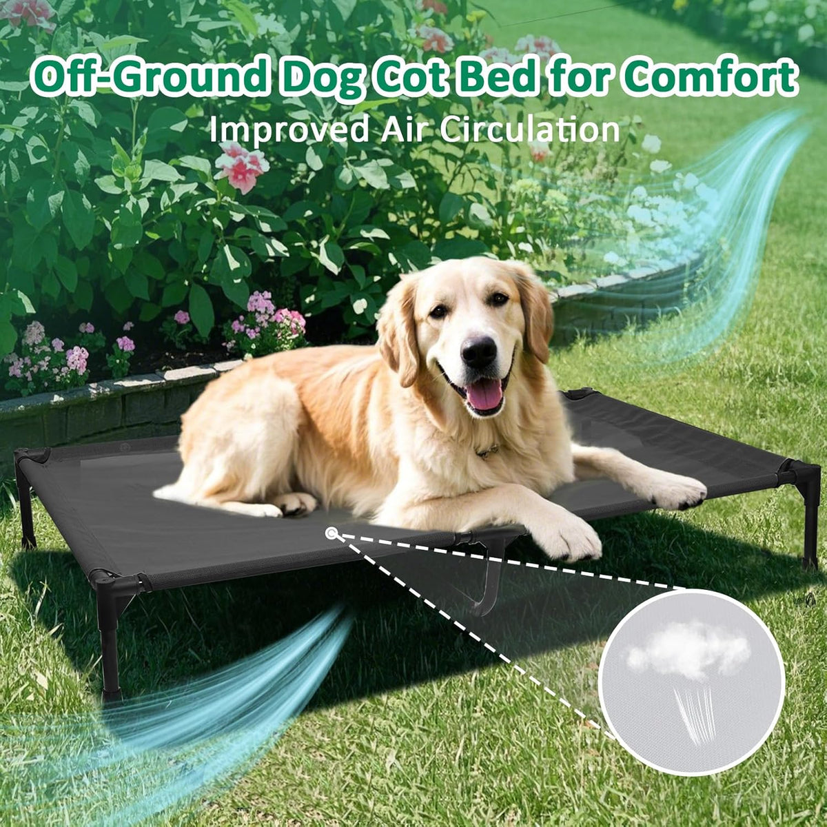 XL Elevated Dog Bed Outdoor, Cooling Raised Dogs Cot with Breathable Mesh & Anti-Slip Feet, Lifted Dog Beds with Frame, High Pet Hammock (XL, Black)