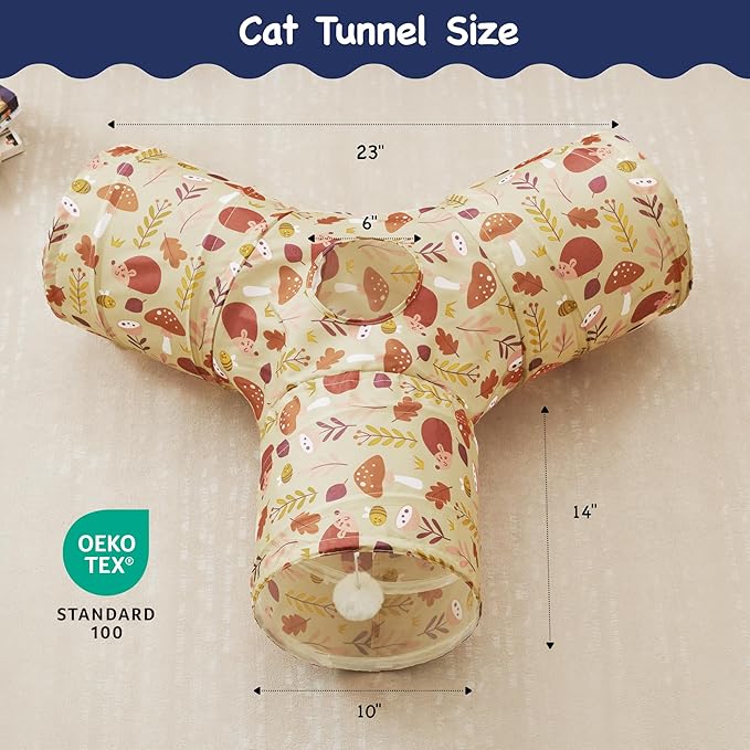 Tempcore Pet Cat Tunnel Tube Cat Toys 3 Way Collapsible, Cat Tunnels for Indoor Cats，Kitty Tunnel Bored Pet Toys Peek Hole Toy Ball Puppy, Kitty, Kitten, Rabbit Khaki Hedgehog