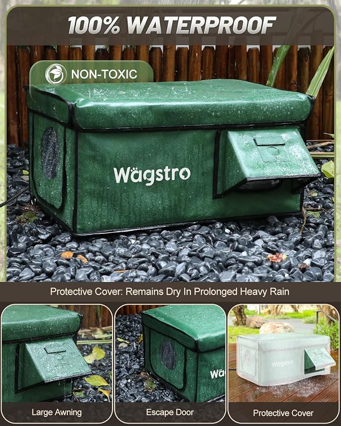 Heated Cat House for Outside, Waterproof Awning & Escape Door Heated Cat Houses for Indoor/Outdoor Cats in Winter, Elevated & Insulated Outdoor Cat Shelter for Feral Cat(Green, 16.5"x12.6"x12.6")