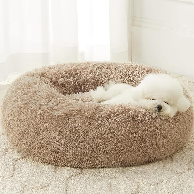 WNPETHOME Calming Dog Bed & Cat Bed, Anti-Anxiety Donut Small Dog Beds, Fluffy Faux Fur Cat Cushion Dogs Bed for Small Dogs and Pet (24 x 24 Inch, Brown)