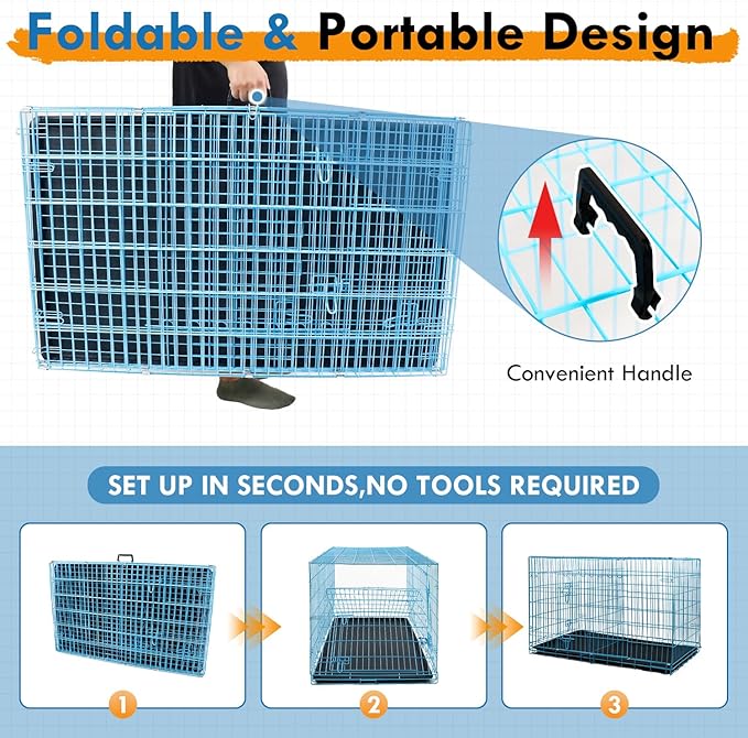 PayLessHere Large Dog Crate Kennel for Medium Large Dogs Metal Dog Cage Double-Door Folding Travel Indoor Outdoor Puppy Playpen with Divider and Handle Plastic Tray (48 Inch, Blue)