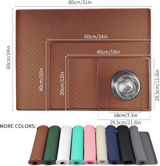 Ptlom Dog Food Mat Anti-Slip Bowl Mats for Food and Water, Waterproof Silicone Pet Placemat with High Raised Edges, Non-Slip Puppy Feeding Tray for Small, Medium Large Cats Dogs, Brown, 24.5" 16.5"