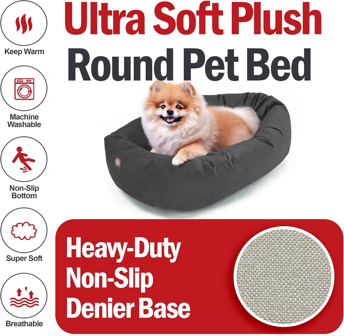 Majestic Pet 24 Inch Suede Shredded Memory Foam Mix Calming Small Dog Bed Washable 24 x 19 x 7 (Inch) - Cozy Soft Round Donut Dog Bed with Spine for Head Support - Pet Bed Gray