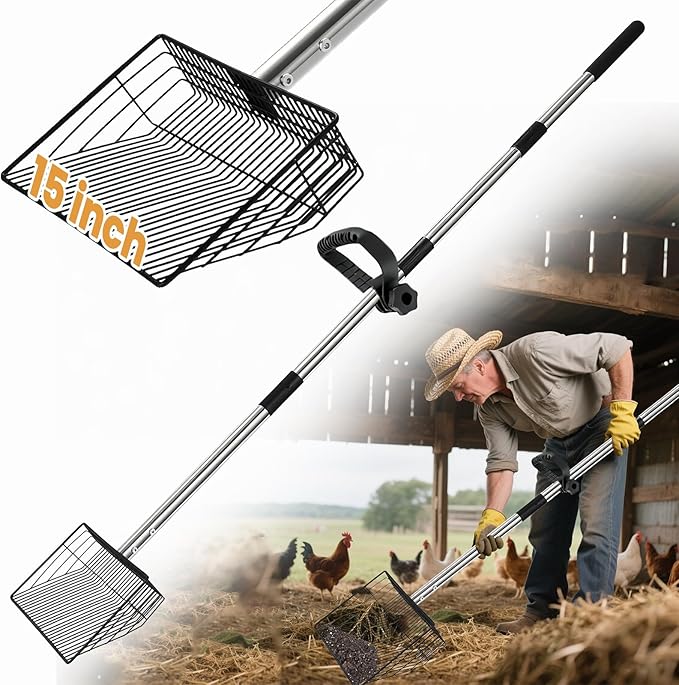 15" Chicken Poop Scooper & Rake, Metal Chicken Coop Scoop for Poop with 24 to 68" Adjustable Stainless Steel Handle, Litter Scooper Sifting Shovel Chicken Coop Accessories