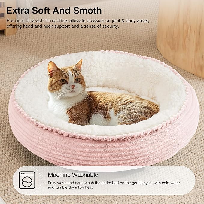 Love's cabin Round Donut Cat and Dog Cushion Bed, 20in Pet Bed for Cats or Small Dogs, Anti-Slip & Water-Resistant Bottom, Super Soft Durable Fabric Pet beds, Washable Luxury Cat Dog Bed Pink Stripe