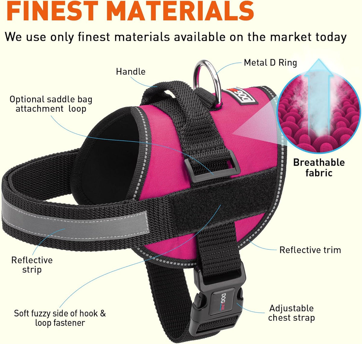 Dogline Reflective No-Pull Adjustable Vest with Handle for Walking, Training, Service Breathable No - Choke Harness for Small, Medium or Large Dogs Room for Patches Girth 15 to 18 in Pink