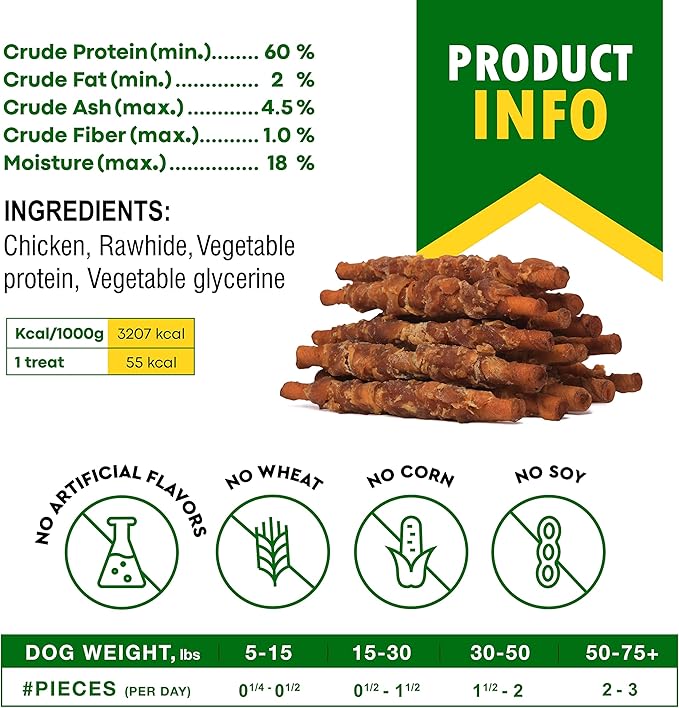 Dog Treats Rawhide Sticks Wrapped with Chicken 11 oz Pet Natural Chew Treats - Grain Free Meat & Human Grade Dried Snacks - Best for Small & Large Dogs (10.6 Ounce (Pack of 1), Smoked Chicken)