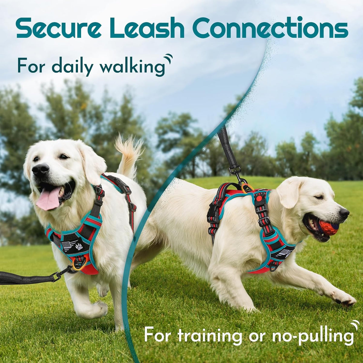 Eagloo Dog Harness for Large Dogs, Easy Wearing with 3 Buckles, Adjustable No Pull Pet Harness with 2 Rings for Walking, No Chock Reflective Soft Padded Vest with Control Handle, Red & Teal, L
