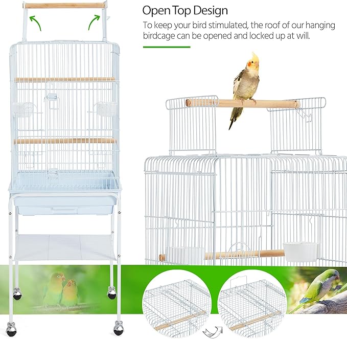 Yaheetech Play Open Top Parrot Bird Cages for Sun Parakeet Cockatiel Green Cheek Conure Lovebird w/Detachable Rolling Stand, White