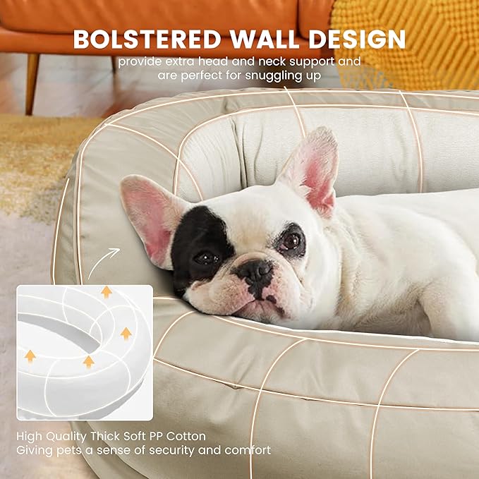 Calming Dog Bed for Large Medium Dogs, XXL 16" Depth High Sides Cuddler Large Dog Couch Bed Oval Anti Anxiety Dog Bed with Head Support - Supportive Foam and Soft Cotton, Beige