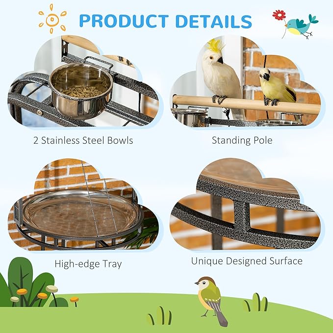 PawHut Parrot Stand Large Bird Perch Stand with Toy Hook & 3 Ladders, Parrot Perch with Easy Grip, Bird Wooden Stand, Gray