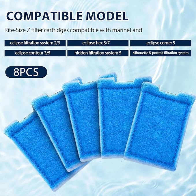 8 Pack Fish Tank Rite-Size Z Filter Cartridges Compatible with MarineLand Aquarium Eclipse Filtration Systems & Hidden Filtration System, and Fit for MarineLand Ailhouette & Portrait Filtration System
