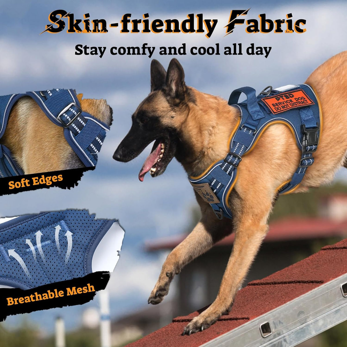 rabbitgoo Dog Harness for Large Dogs No Pull, Tactical Service Pet Vest with Molle and Control Handle, Adjustable and Reflective Military Harness for Easy Walking and Training, Blue, L