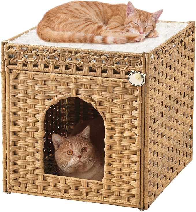 Cat Beds for Indoor Cats Extra Large Double Cat Cave Pet Cube, Handwoven Rattan Cat Houses with Double-Sided Soft Cushions, 18.5 x 20.5 x 19.1 Inches Foldable Hideaway in Living Room Natural