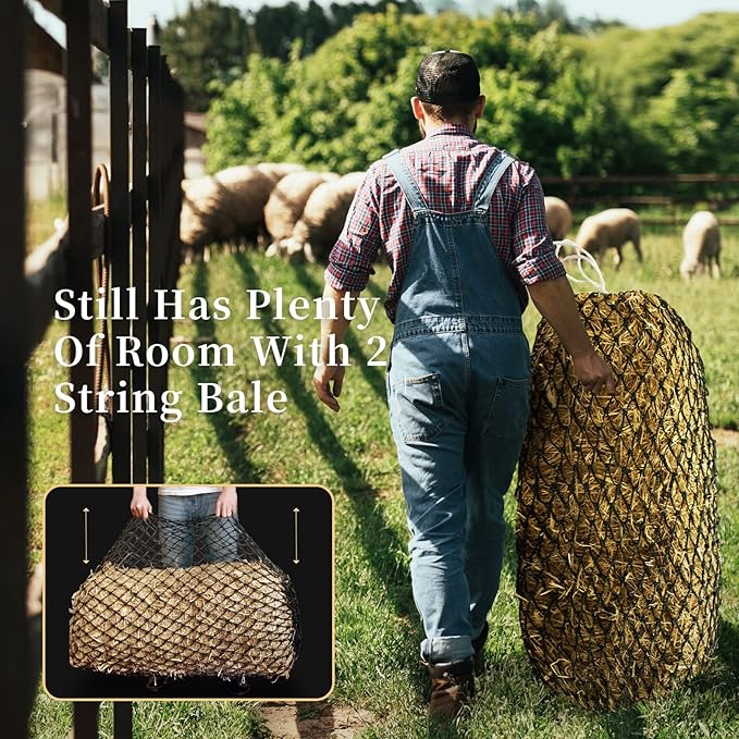 Bloomoak Slow Hay Net Feeder for Horses, Durable Soft Black PE 2/3 String Hay Bales Bags, Fit 36x18x18 to 47x25x17 Inches, Extends 50-64 Inches (2 1.6" Hole/2PC)