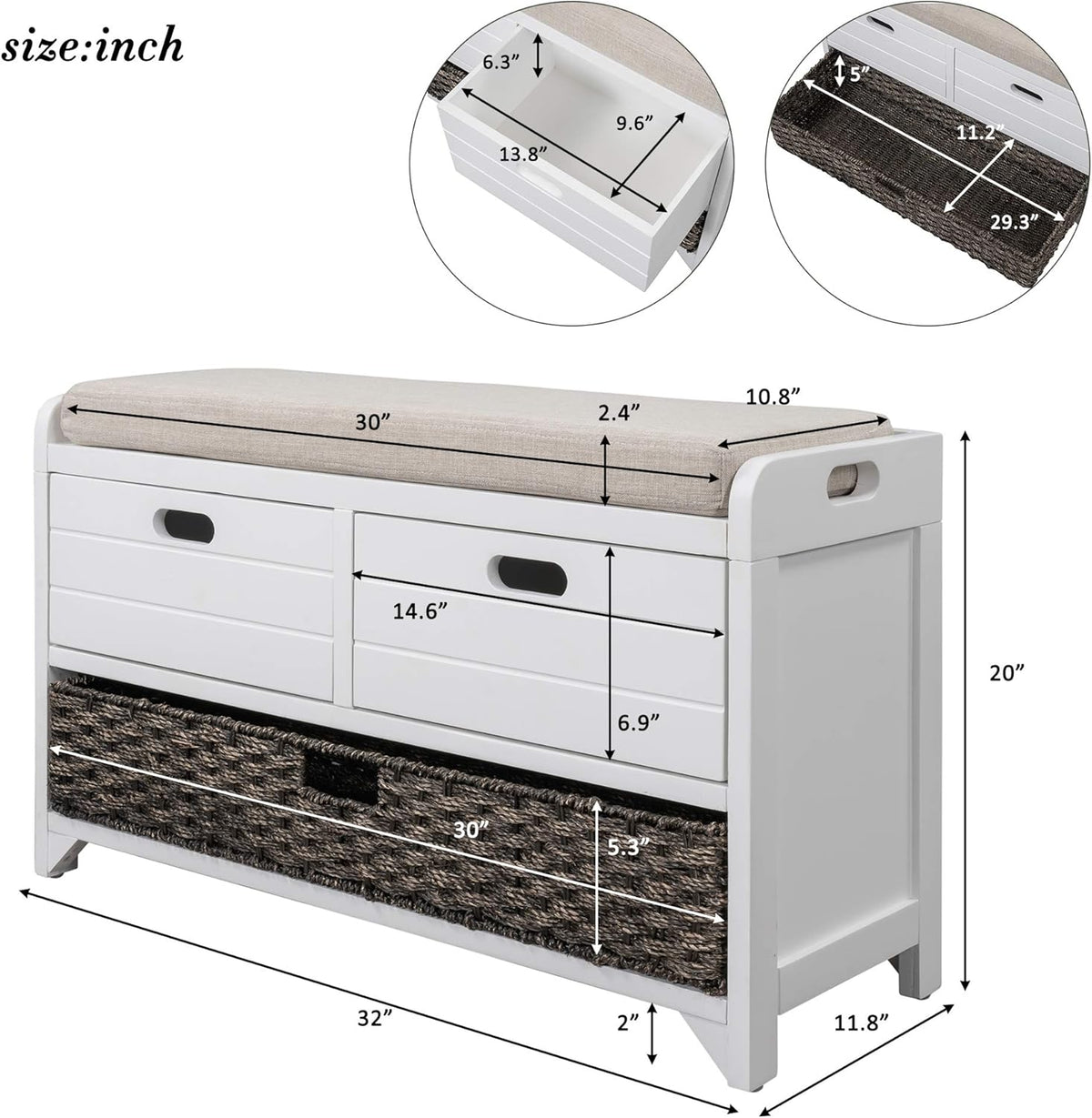 Storage Bench Removable Basket 2 Drawers Fully Assembled Acacia Wood Shoe Bench Standing Shoe Rack Removable Cushion for Living Room, Entrance Hallway, No Assembly Required White