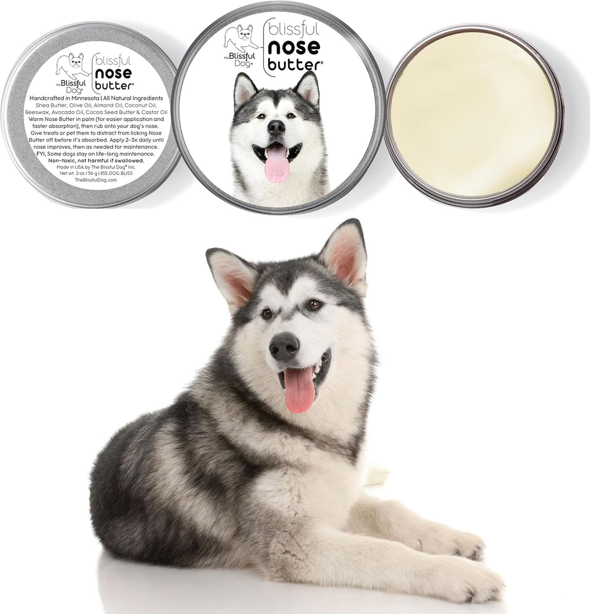 The Blissful Dog Malamute Nose Butter for Dry, Cracked Skin, Lick-Safe Dog Nose Balm with Moisturizing Shea Butter, Almond, Olive, and Essential Oils, Pet Supplies, Uncented, 1 oz.