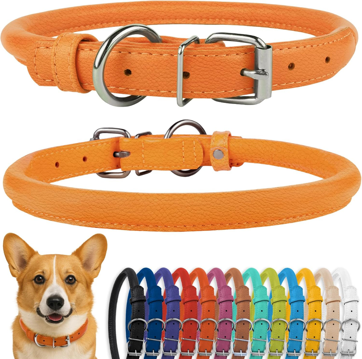 CollarDirect Rolled Leather Dog Collar, Soft Padded Round Puppy Collar, Handmade Genuine Leather Collar Dog Small Large Cat Collars 13 Colors (11-14 Inch, Orange Textured)