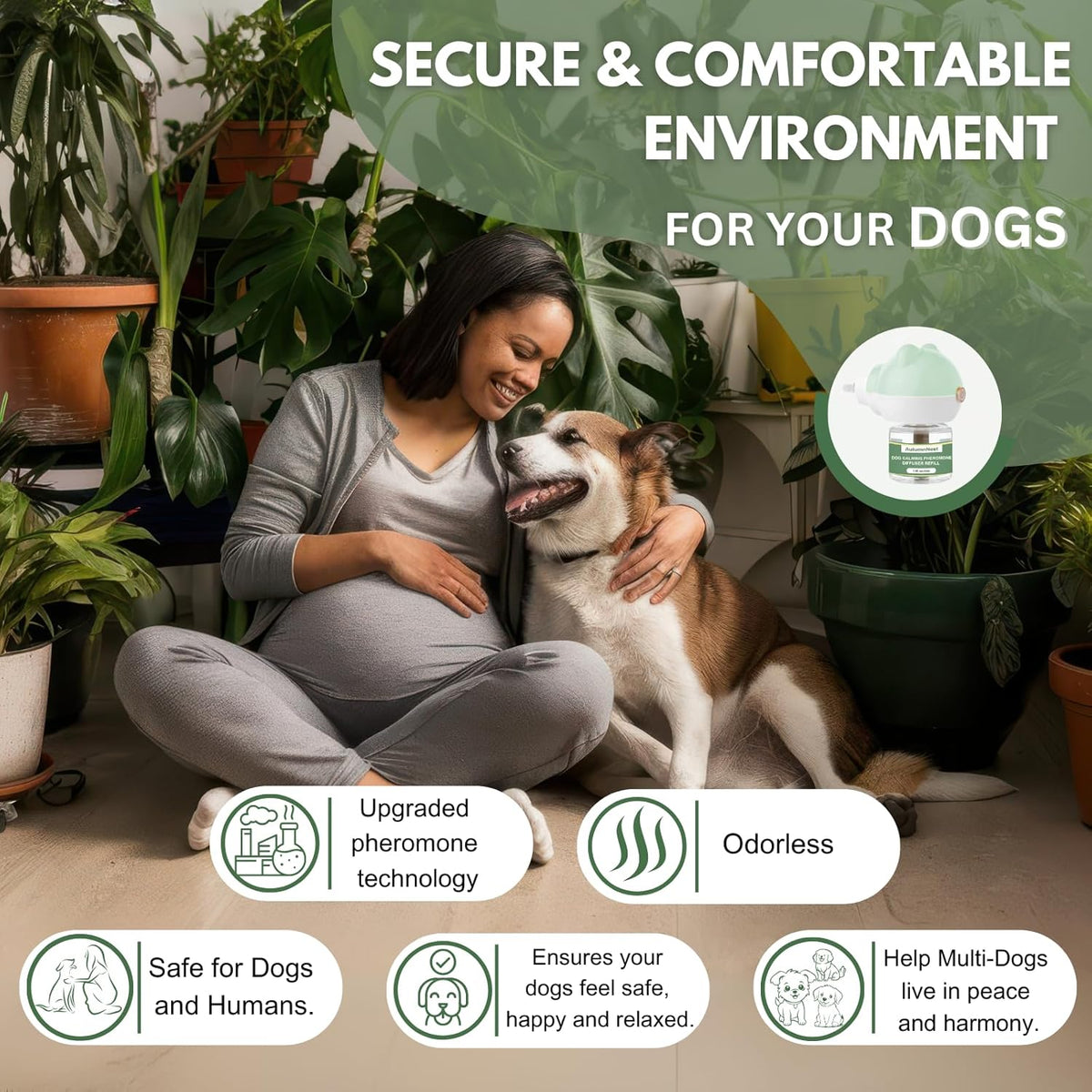 Dog Pheromone Diffuser Kit, Pet Diffuser for Stress Support, Reduces Stress and Promotes Relaxed Behavior, 2 Plug-in + 4 Packs Refill, 120 Day Supply (Non-Toxic, Safe & Inedible), Diffuser with Light