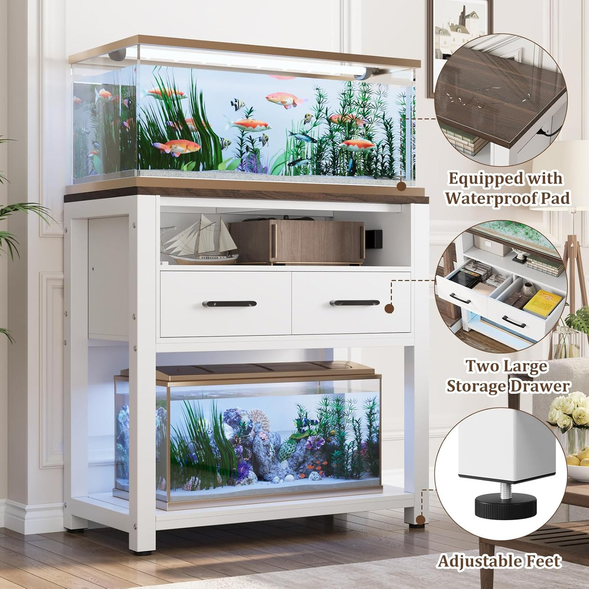 20-29 Gallon Aquarium Stand with Stable Metal Frame & Power Outlet, Heavy-Duty Fish Tank Stand with Waterproof Mat, 550LBS Capacity Storage Cabinet, White+Brown