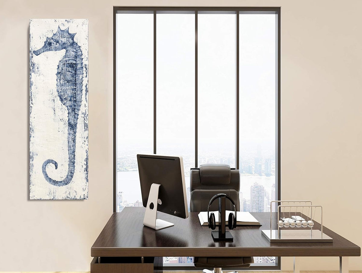 Yihui Arts, Seahorse Hand-Painted Wall Art on Canvas Abstract Artwork Art Wood Stretched Hanging Wall Decoration Sea Style Blue Painting for Home Decor