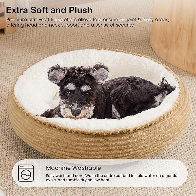Love's cabin Round Donut Cat and Dog Cushion Bed, 25in Pet Bed for Small or Medium Dogs, Anti-Slip & Water-Resistant Bottom, Soft Durable Fabric Pet Beds, Washable Calming Cat Bed Camel Stripe