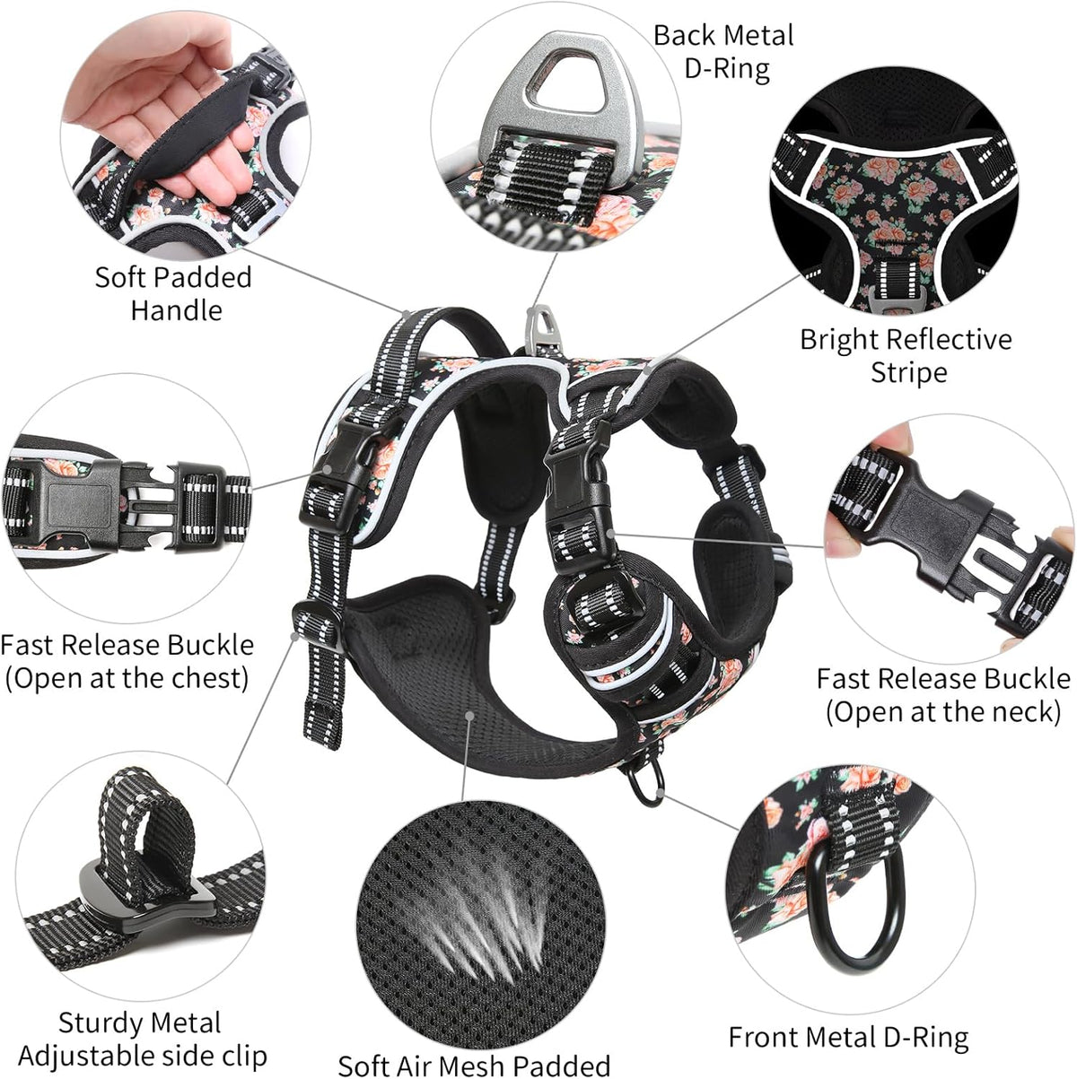 Timos Dog Harness, No-Pull Pet Harness with 2 Leash Clips, Adjustable Soft Padded Dog Vest, Reflective Outdoor Pet Oxford Vest with Easy Control Handle