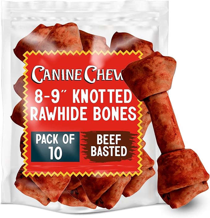 Canine Chews 8-9 Inch Beef Basted Knotted Rawhide Bones for Large Dogs - Durable Rawhide Bones for Medium and Large Dogs - Long Lasting Dog Rawhide Bones with for Aggressive Chewers - 10 Pack