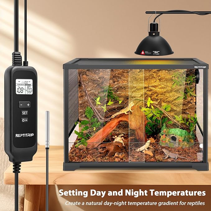 8.5 Inch Day-Night Thermostatic Reptile Heat Light Fixture - Heat Lamp Temperature Controller for Bearded Dragons, Snakes & Lizard – Bulb Not Included (Max 150W)