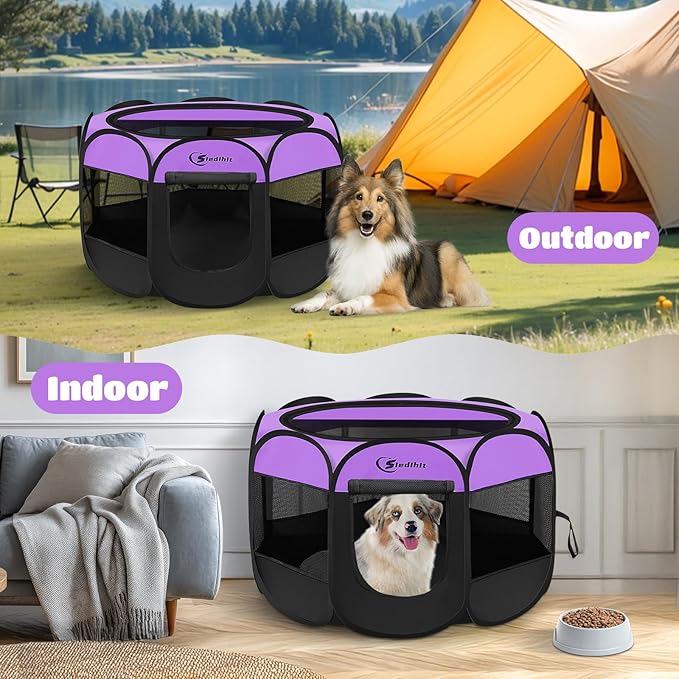 Large Dog Playpen, Puppy Pet Playpen Indoor, Dogs Tent Crates Cage Indoor/Outdoor, Portable Pop Up Dog Kennel Playpen with Carrying Case for Dogs/Cats/Rabbits, Purple