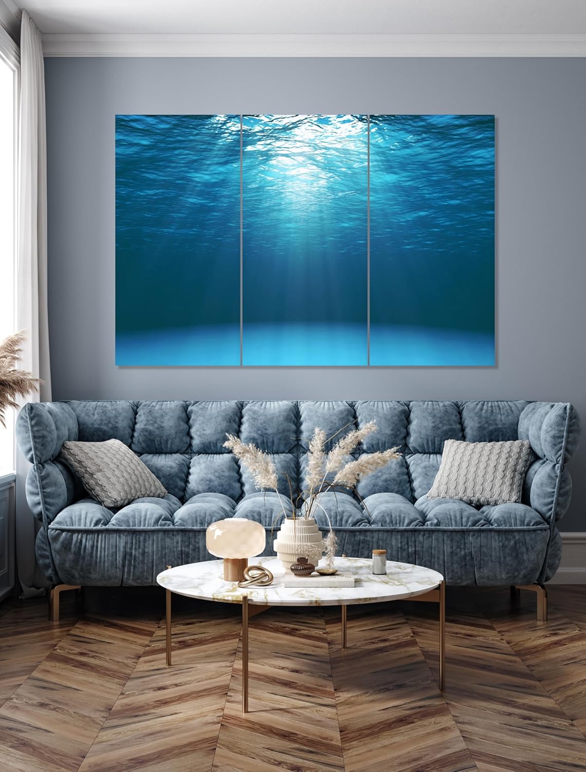 Nature Wall Art Prints - Ocean Forest Mountain Lake Canvas Landscapes - Small to Extra Large Living Room Bedroom Kitchen Bathroom Décor (Sun Rays Under Water, 55L" x 83W"- 3 Panels)