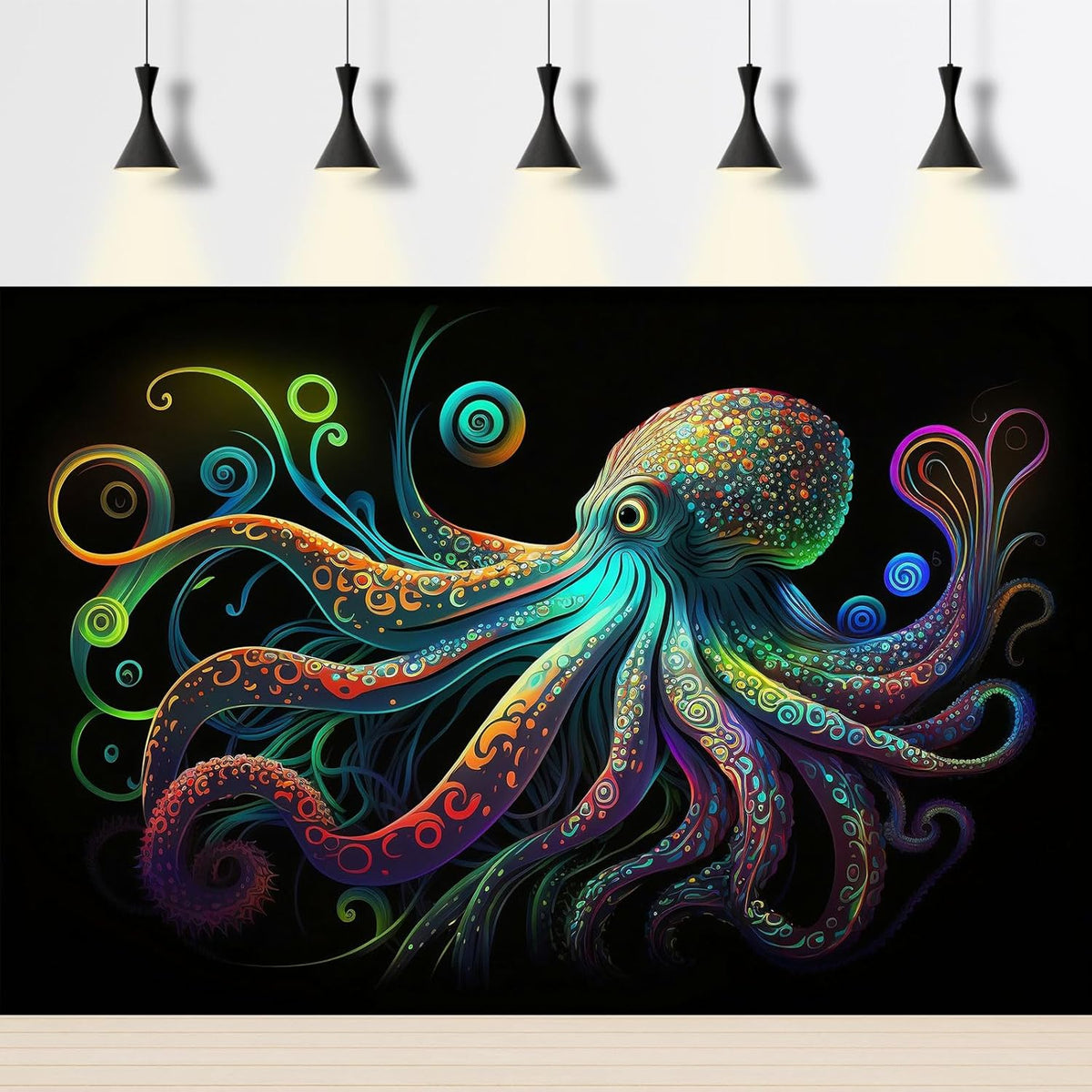Octopus Aquarium Background Exquisite Colorful Octopus Terrarium Background Glowing Octopus on Black Background Fish Tank Backdrop Octopus Backdrops Poster Wallpaper Decorations Vinyl 30x12in