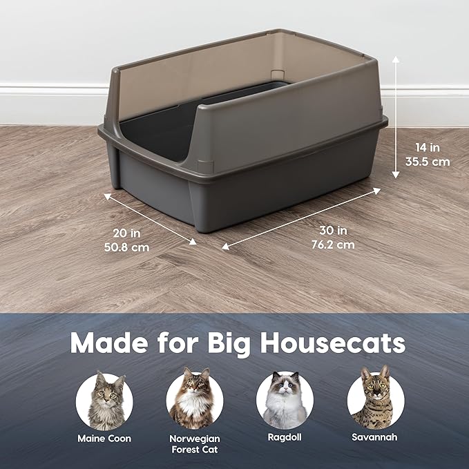 IRIS USA XX-Large Cat Litter Box, Open Top Extra Large Litter Box for Big Cats and Multi-Cat Households, High Sided Scatter Shield, Easy to Clean, 30" L x 20" W x 14" H, Gray