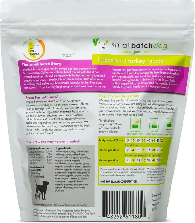 smallbatch Pets Freeze Dried Raw Dog Food, Turkey Recipe, 14 oz, Organic High Protein Dog Food, Grain Free, Made in The USA, Humanely Raised Meat, Single Protein, for Picky Eaters, Hydrate & Serve