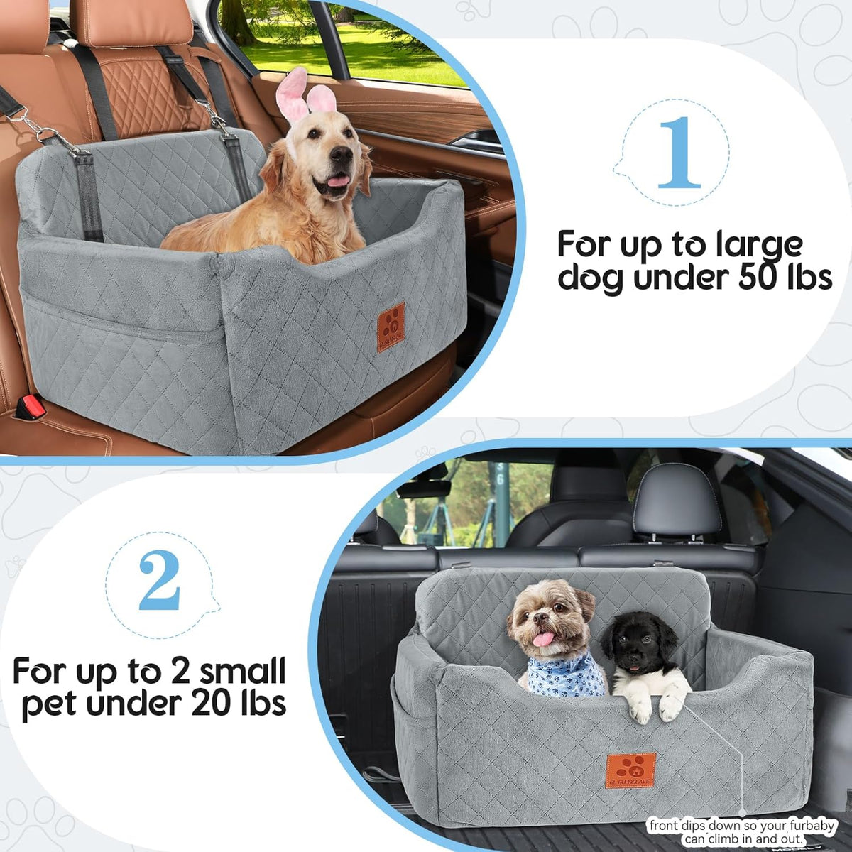 Dog Car Seat for Medium/Large Dogs, Dog Booster Seat for Pet Under 50lbs or 2 Small, Detachable and Washable Pet Car Seat,Multi-Functional Pet Travel Bed for Backseat(Grey)