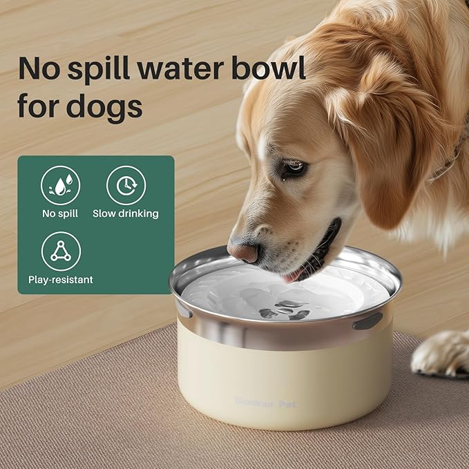 Gardner Pet Dog Bowls 1 Gallon (3.85L) Stainless Steel No Spill Water Bowl, Slow Water Feeder Metal Dog Bowls, Spill Proof Water Dispenser for Large Dogs, Promotes Healthy Hydration(White)