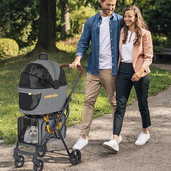 PAWZIDEA Double Pet Stroller with 2 Detachable Carriers, Portable Dog Crate for Car Travel & TSA-Approved Expandable Cat Carrier, Foldable Lightweight Jogger Stroller for 2–4 Cats or Small/Medium Dogs