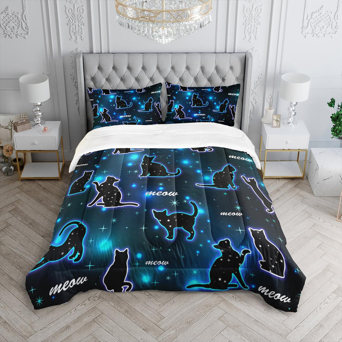 Kawaii Pet Cat Comforter 3Pcs Twin Gradient Line Cute Kitten Animal Bedding Set for Kids Teens Girls Boys Cat Glitter Polka Dots Pattern Quilt Bed Decor with 1 Comforter and 2 Pillowcases
