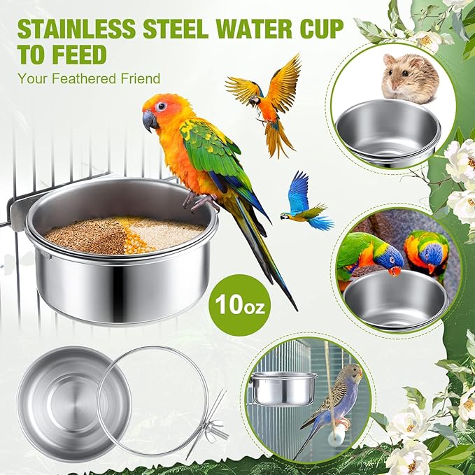 Sabary 6 Pcs Bird Feeding Dish Cups Stainless Steel Bird Bowls for Cage Parrot Food Bowl 10 Oz Birds Water Bowl for Parakeet Conure Cockatiels Lovebird Budgie Chinchilla African Greys Small Animal